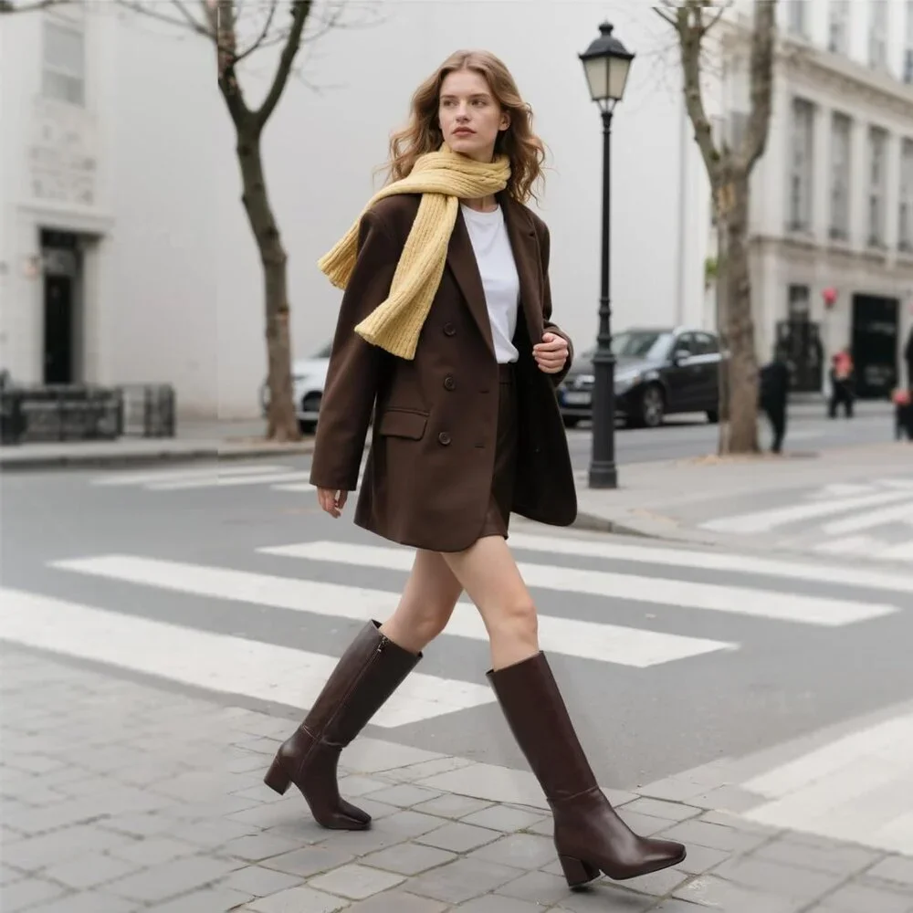 Women's Chocolate Knee High Boots Square Toe Tall Chunky Heel Rubber